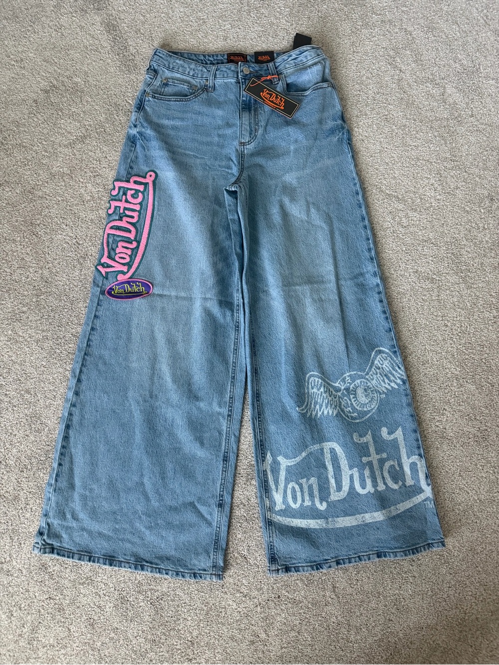 Von Dutch Light Blue Wide Leg Jeans with Pink Logo Patch
